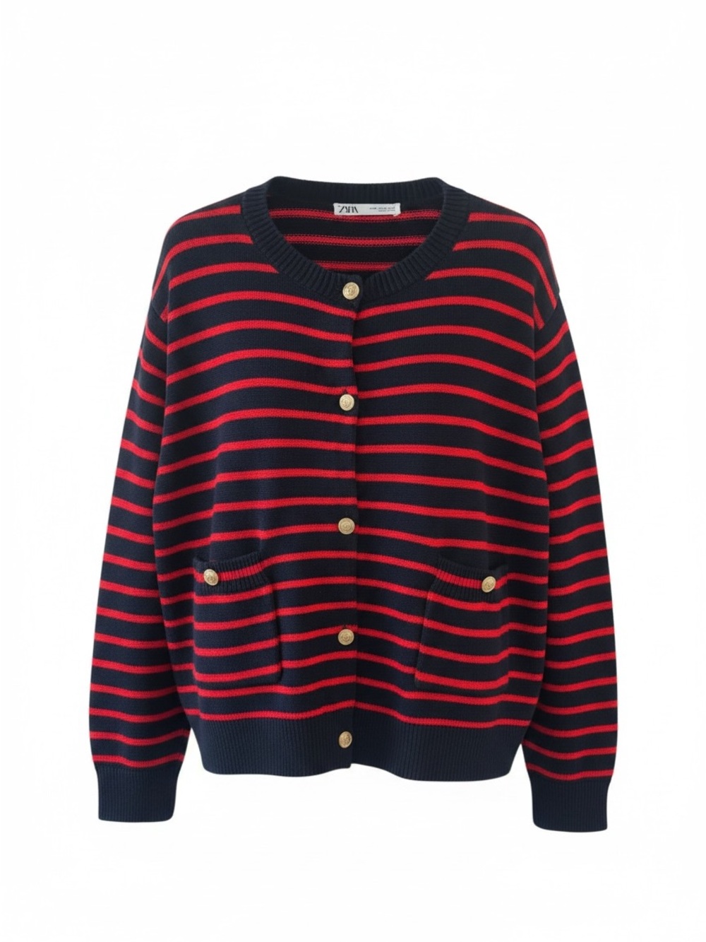 Zara Navy and Red Striped Anchor Gold-Button Cardigan wool blend